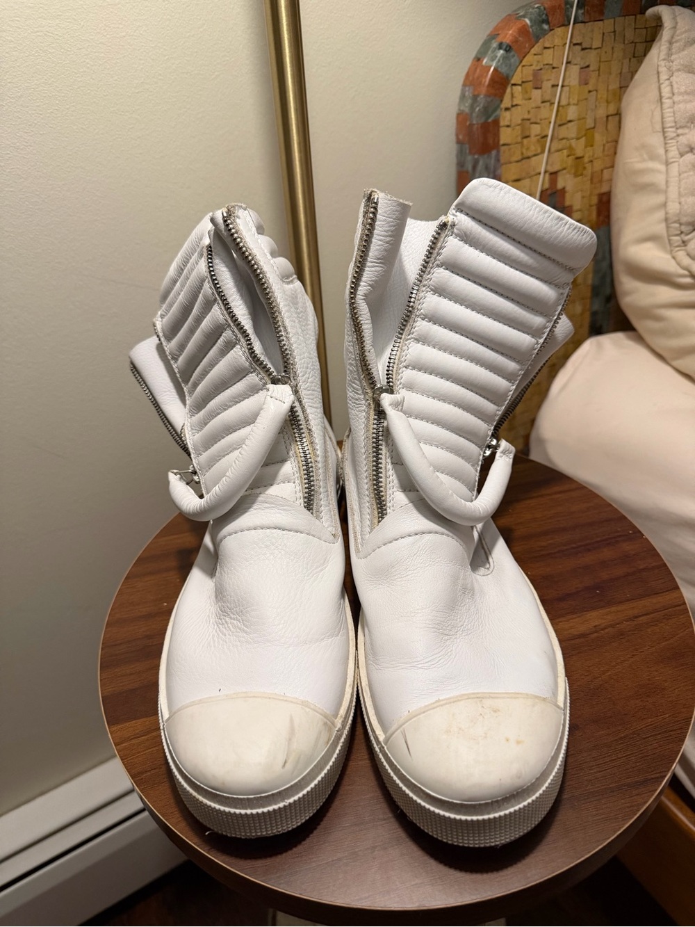 White Quilted High-Top Lace-Up Boots with Zipper Detail
